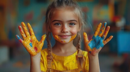 a playful cheerful child showcases hands covered in colorful paint radiating creativity and joy set against a bright backdrop that reflects the innocence of childhood