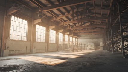 Cinematic shot of empty warehouse with dusty floor, beams, metal racks, and cobwebs