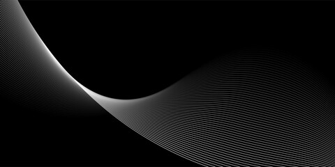 Abstract black background with flowing white curved lines creating a wave effect