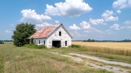 Obraz premium Abandoned white barn surrounded by golden wheat fields under blue sky with fluffy clouds