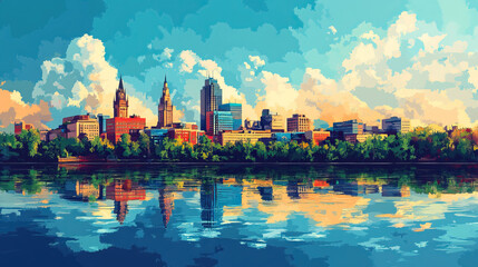 Obraz premium Saskatoon, Canada, Pop Art style theme print. Cityscape, city skyline.Vibrant, bright, modern, trendy, graphic designed for poster, card, wallpaper