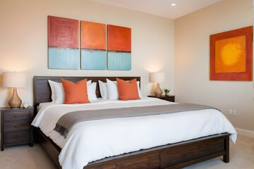 Comfy bedroom with a wooden bed, soft pillows, orange decor, and natural morning light from the window.