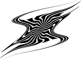 Abstract icon, wavy round sign. Distorted striped shape. Black and white digital ripples banner, glitch effect background. Optical art illusion vector illustration.