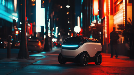 delivery robot with wheels on the city street carries goods to the customer, modern technologies, future, robotics, machine, device, delivery service, road, courier