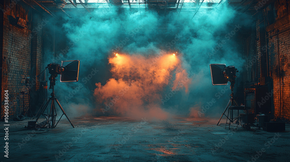 Poster moody studio scene with smoke and dramatic lighting, featuring two light setups creating atmospheric