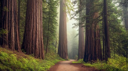 Fototapeta premium A winding path through a redwood forest with tall trees and sunlight peeking through the fog.