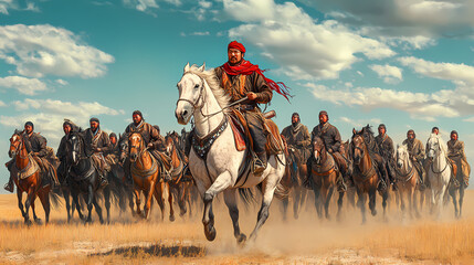 A man on a horse is leading a group of men and horses. the man on the horse is wearing a red bandana. Mongolian Steppe Nomads. Illustration