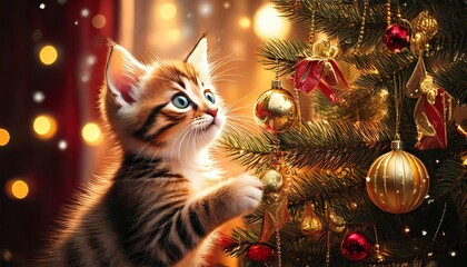 Curious kitten under the Christmas tree.