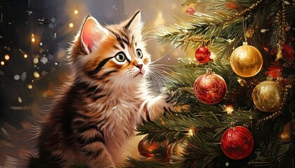 Curious kitten under the Christmas tree.