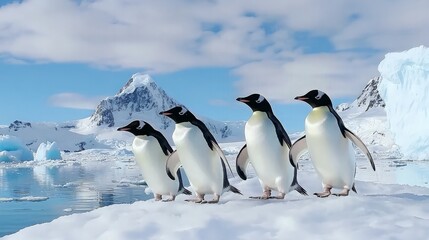 Obraz premium Four penguins walk in a line across an icy landscape with snow capped mountains in the background.