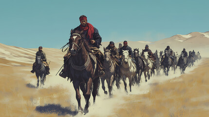 A man on a horse is leading a group of men and horses. the man on the horse is wearing a red bandana. Mongolian Steppe Nomads. Illustration