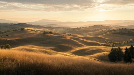 Golden hills bathed in the warm light of the setting sun, casting long shadows across the landscape.