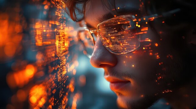 a programmer deeply focused on coding surrounded by a digital landscape of circuit boards and javascript code representing the innovative world of software development and technology