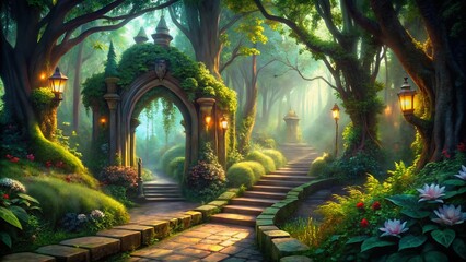 Enchanted Pathway in a Magical Forest - 3D Rendering of a Serene Architectural Landscape with Lush Foliage, Ethereal Lighting, and Mystical Elements for Nature Lovers and Fantasy Enthusiasts