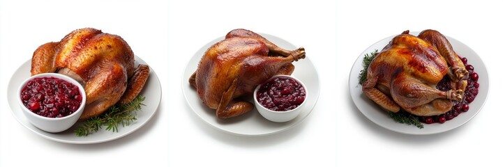 Roasted turkey on plates with cranberry sauce, white isolated background.