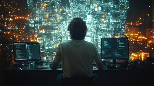 a programmer deeply focused on coding surrounded by a digital landscape of circuit boards and javascript code representing the innovative world of software development and technology