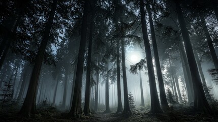 Obraz premium Misty forest path with tall trees and a sunlit clearing.