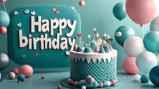 Teal and pink birthday cake with candles and balloons. Seamless looping video background animation. Generated with AI

