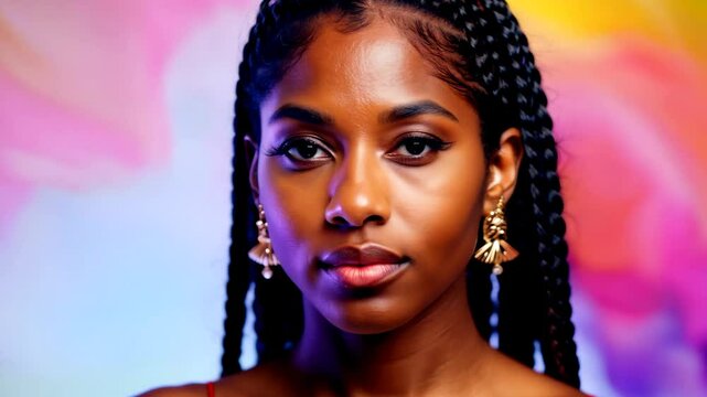 Medium close-up of a serious young Black woman with long braided hair and gold earrings, against a vibrant, colorful, blurred background