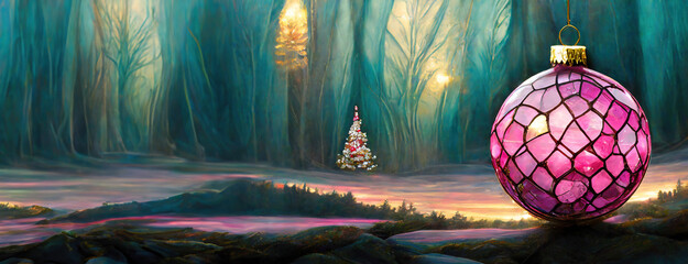 A large pink Christmas ornament in an enchanted forest, with a small, distant Christmas tree glowing warmly amidst tall trees.