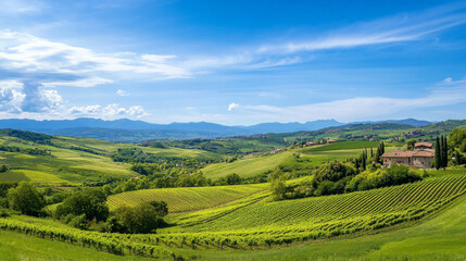 Fototapeta premium picturesque landscape with rolling hills and fertile soil, featuring lush vineyards under bright blue sky.