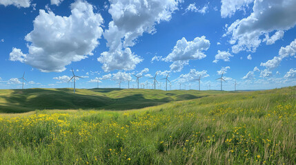 Wind Farm on a Sunny Day: A picturesque landscape of a wind farm on a sunny day with a blue sky and white clouds.