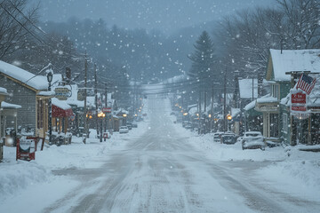 Snowstorm blankets a quiet small town, creating a serene winter landscape with swirling snowflakes at twilight