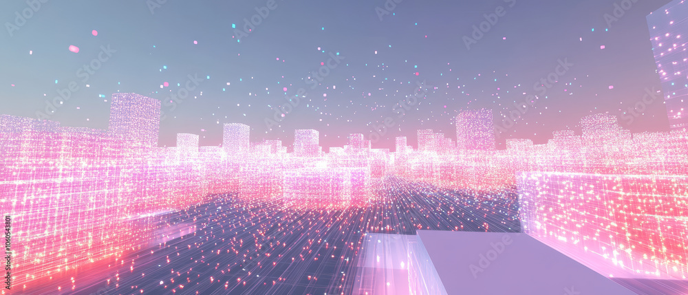 Poster vibrant 3d representation of big data clusters in virtual environment, showcasing glowing cityscapes
