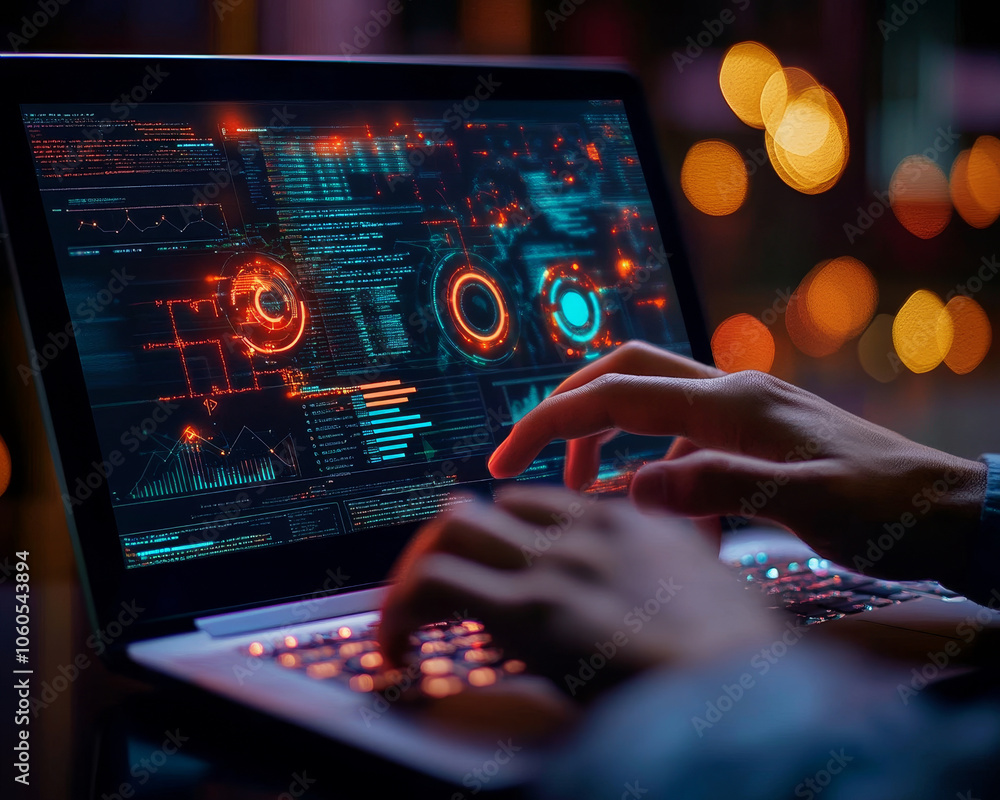 Poster close up of hands typing on laptop displaying vibrant data visualizations, showcasing technology and
