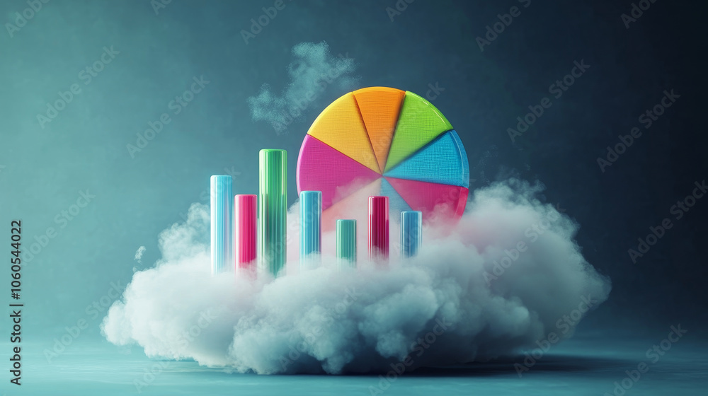 Aufkleber colorful pie chart and bar graph emerging from clouds, representing data visualization and analytics