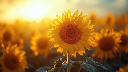 Obraz premium a serene scene filled with a vast field of sunflowers under a clear blue sky featuring a single sunflower in sharp focus at the foreground radiating warmth and joy
