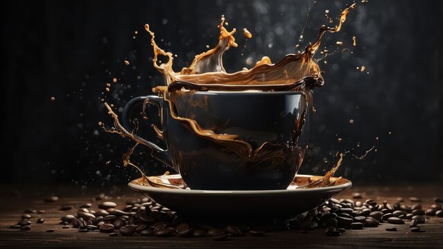 A dramatic and moody rendering of a coffee cup, with dark and intense splashes of coffee creating a sense of mystery and intrigue.