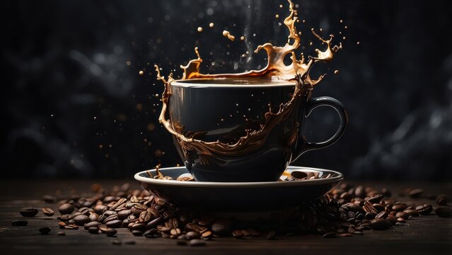 A dramatic and moody rendering of a coffee cup, with dark and intense splashes of coffee creating a sense of mystery and intrigue.