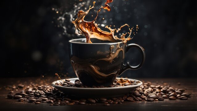 A dramatic and moody rendering of a coffee cup, with dark and intense splashes of coffee creating a sense of mystery and intrigue.