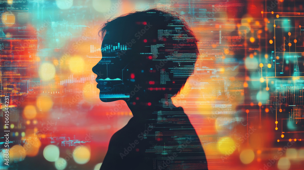 Poster person immersed in data analysis with colorful visualizations, showcasing technology and innovation.