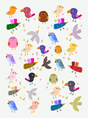 Set of cute cartoon birds and floral, flower and nature vector illustration. Colorful, baby animals theme design.