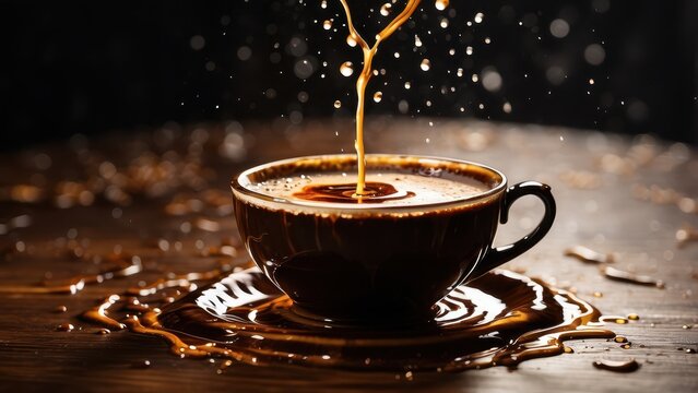 A steaming cup of coffee, with droplets of rich brown liquid splashing out of it, creating a mesmerizing pattern on the table.