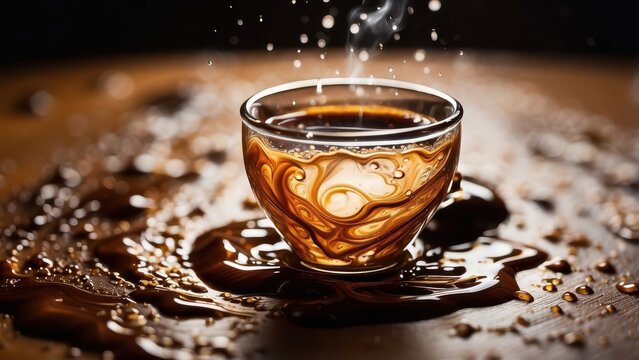 A steaming cup of coffee, with droplets of rich brown liquid splashing out of it, creating a mesmerizing pattern on the table.