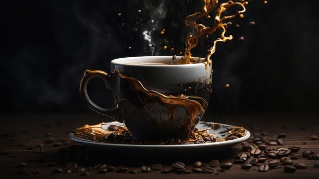 A dramatic and moody rendering of a coffee cup, with dark and intense splashes of coffee creating a sense of mystery and intrigue.