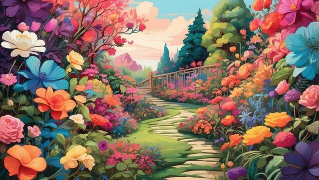 A lush, vibrant garden bursting with colorful flowers and winding paths, rendered in a whimsical, dreamlike style.