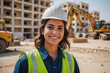 Close portrait of a smiling young Jordanian woman construction worker looking at the camera, Jordanian outdoors construction site blurred background
