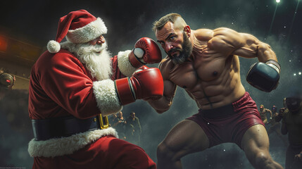 A man in a santa claus outfit is boxing with a man dressed as Santa Claus