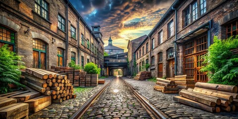 Enthralling double exposure blending a cobblestone street warehouse with wooden elements, showcasing the charm of urban aesthetics in a timeless, artistic capture.