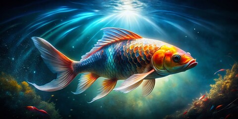 Fototapeta premium Ethereal Koifish in Low Light: Majestic Underwater Portrait of a Mystical Creature with Soft Illuminations and Dark Waters, Capturing the Beauty of Nature's Serenity and Grace