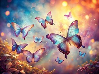 Ethereal morpho butterflies with shimmering watercolor wings captured in vintage-style photography, showcasing their iridescence against a nostalgic backdrop of soft, timeless hues.