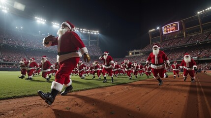 Fototapeta premium A group of people dressed as Santa Claus running on a baseball field