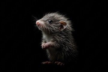the beside view baby Porcupine standing, left side view, low angle, white copy space on right, Isolated on black Background