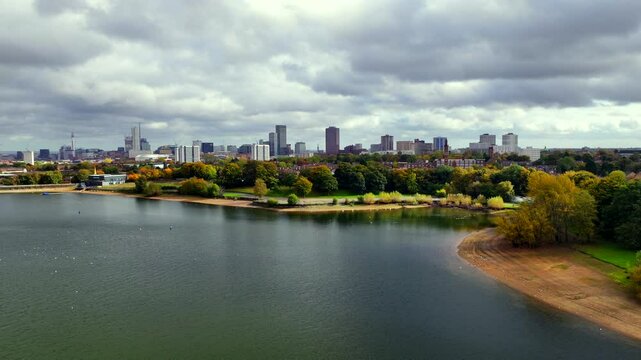 Aerial video of Birmingham skyline from the vantage point of edgbaston reservoir