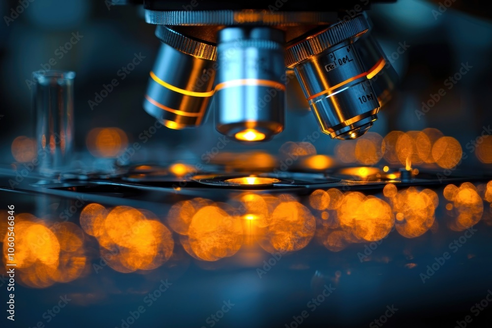 Poster Close-up of a Microscope with Bokeh Lights