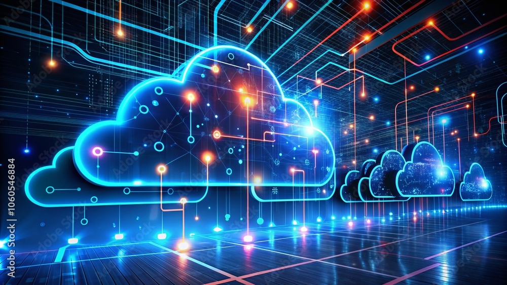 Poster experience a futuristic cloud computing environment enhanced by radiant icons and dynamic neon visua